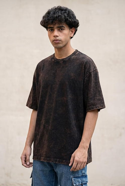 Men's Brown Acid Wash Vintage Plain Oversized T-Shirt | Heavyweight Cotton Blank Streetwear Tee