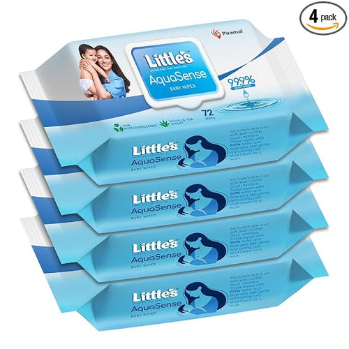 Little's 99.9% Pure Water AquaSense Baby Wipes | Unscented | with Aloe Vera | Pack of 4 X 72 Wipes | Plant-based | 100% Biodegradable | No Paraben