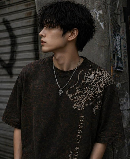 Men's Brown Acid Wash Oversized T-Shirt | Japanese Dragon Graphic Heavyweight Cotton Streetwear Tee