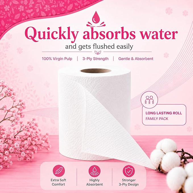 Softouch 3 Ply Toilet Tissue Roll Family Pack | 6 Rolls | 960 Pulls | Soft & Highly Absorbent | Virgin Cellulose Fiber