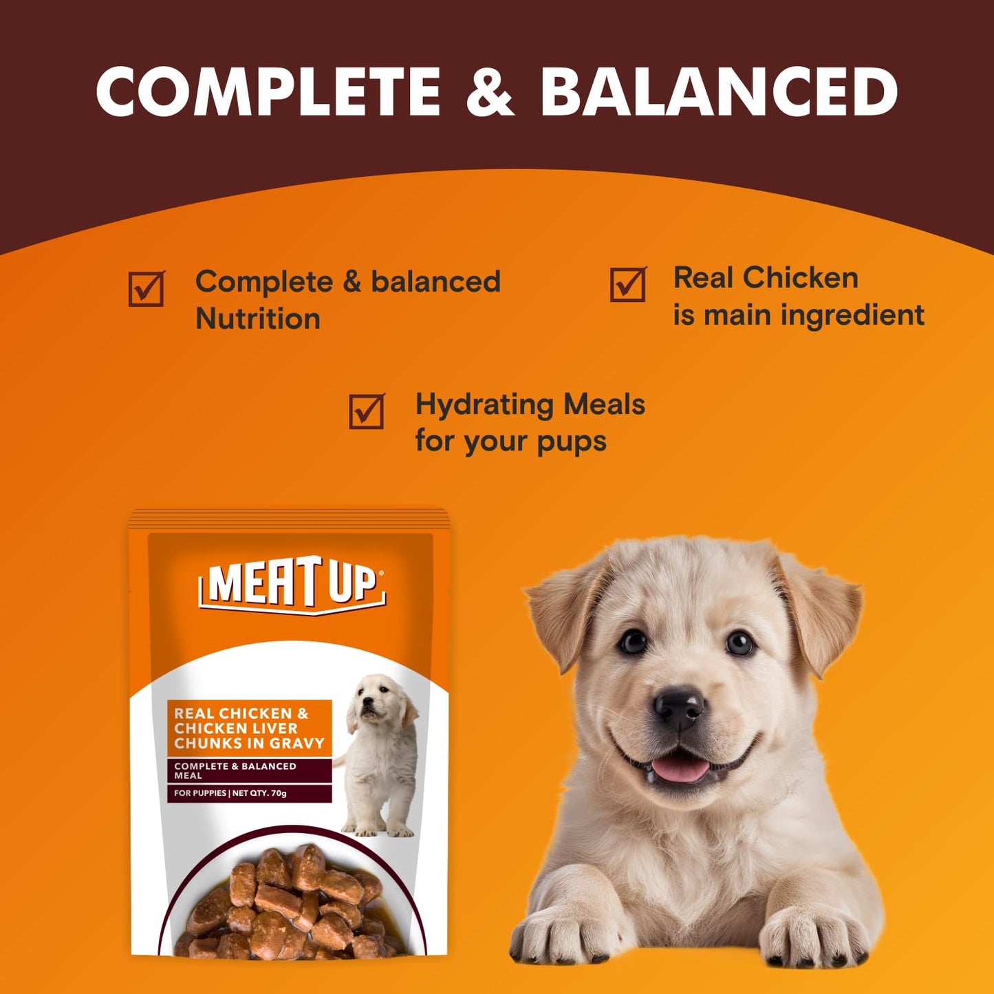 Puppy Wet Dog Food (8 x 70g) 560g + 560g Free, Total 1.12kg | Real Chicken in Gravy | Supports Digestion | Boosts Vitality | Complete & Balanced Meal
