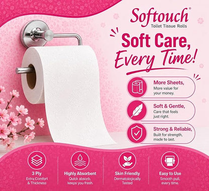 Softouch 3 Ply Toilet Tissue Roll Family Pack | 6 Rolls | 960 Pulls | Soft & Highly Absorbent | Virgin Cellulose Fiber