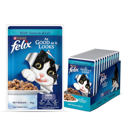 Felix with Tuna in Jelly | Wet Food for Adults | Complete and Balanced Cat Food, Pack of 12 Pouches (12 x 85 g)