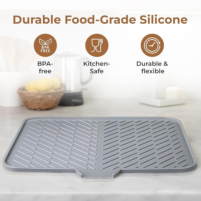 Silicone Dish Drying Mat for Kitchen - Built-in Drain Lip | Hygienic Drying Pad - Sturdy Compact Easy to Clean Tray Protects Surfaces Prevents Water Build Up - 23 X 17 Inches (Grey)