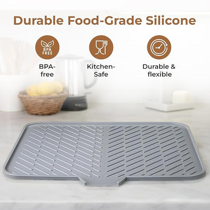 Silicone Dish Drying Mat for Kitchen - Built-in Drain Lip | Hygienic Drying Pad - Sturdy Compact Easy to Clean Tray Protects Surfaces Prevents Water Build Up - 23 X 17 Inches (Grey)