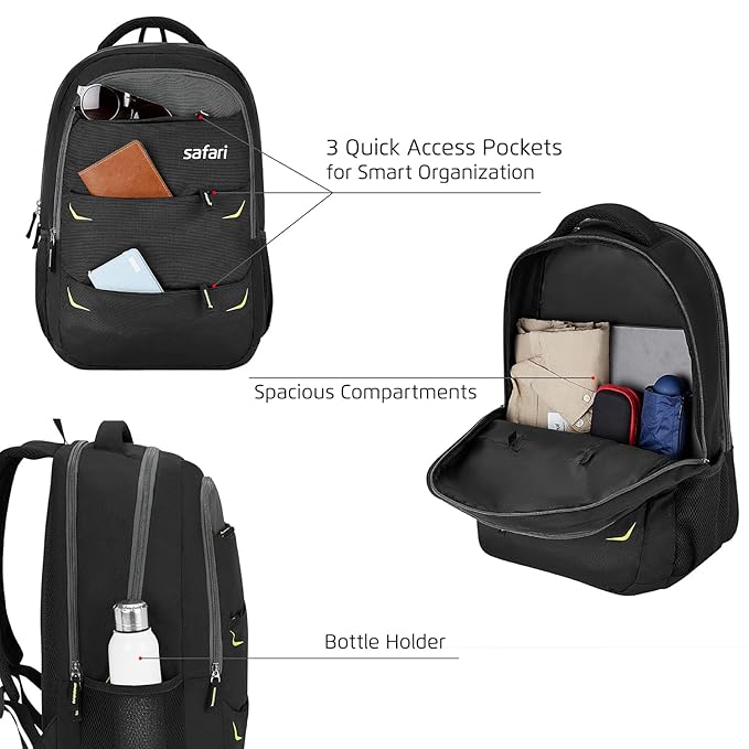 Safari Omega Pro Laptop Backpack With Raincover, 3 Compartments, Bottle Holder, Organizer, Unisex Bag For Boys & Girls, School/College/Office/Travel Bag, Color- Black, 35L