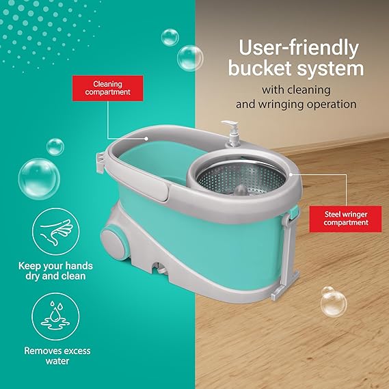 Spotzero by Milton Prime Stainless Steel Wringer Spin Mop | 360° Floor Cleaning System | 2 Microfiber Refills | Aqua Green