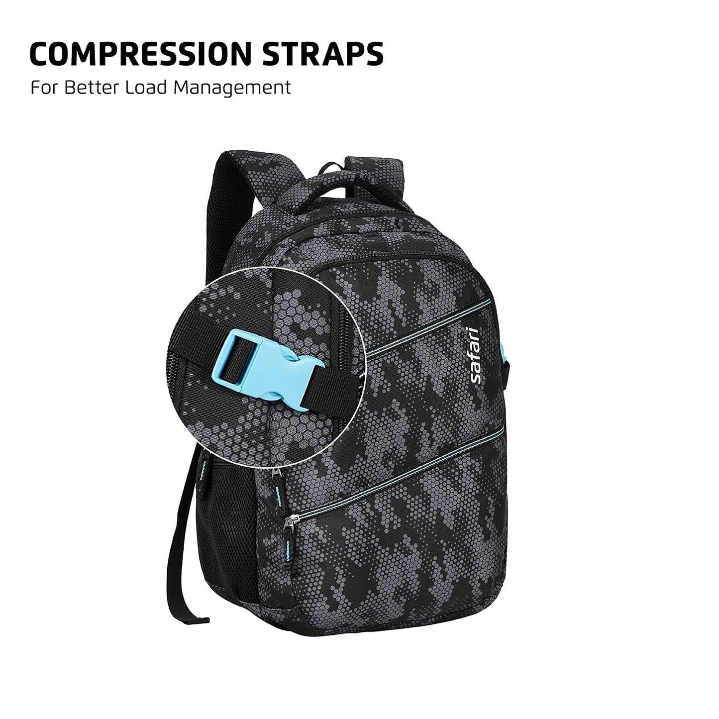 Safari Omega Plus Casual Laptop Backpack, 2 compartments, Raincover, Organizer, Full body print, Bottle holder, Front pockets Softline (Black)