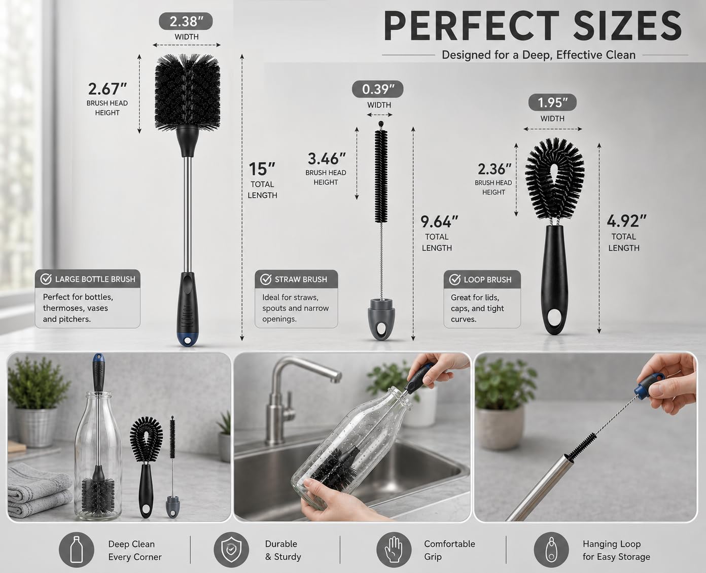 3-Piece Long Handle Bottle Cleaning Brush Set – 15" Bottle Cleaner Brushes for Water Bottles, Tumblers, Straws, Coffee Mugs, Sports Bottles, Thermos & Flask Cleaning