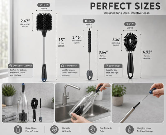3-Piece Long Handle Bottle Cleaning Brush Set – 15" Bottle Cleaner Brushes for Water Bottles, Tumblers, Straws, Coffee Mugs, Sports Bottles, Thermos & Flask Cleaning