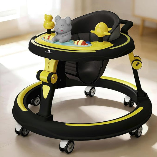Baby Walkers for 9+, 6-24 Month Baby boy & Girl 360° Walker for Kids for 6-24 Months with 7 Level Height Adjustment, Baby Walker with Switchable Food & Musical Toy Tray -Yellow Black
