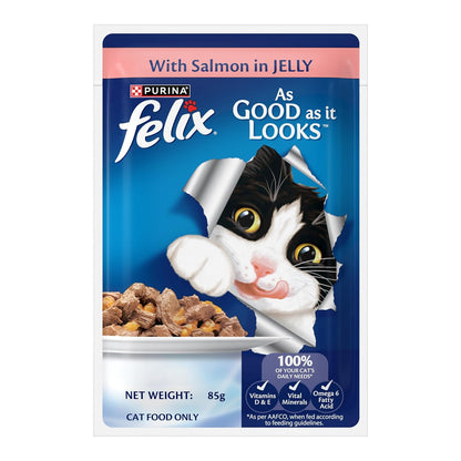 Felix with Salmon in Jelly | Wet Food for Adults | Complete and Balanced Cat Food, Pack of 12 Pouches (12 x 85 g)