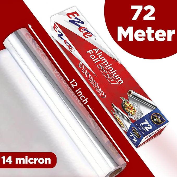 Ezee Silver Aluminium Foil | 72 Meters | 14 Microns | Heavy Duty Food Wrapping Foil | Cooking, Baking & Packing