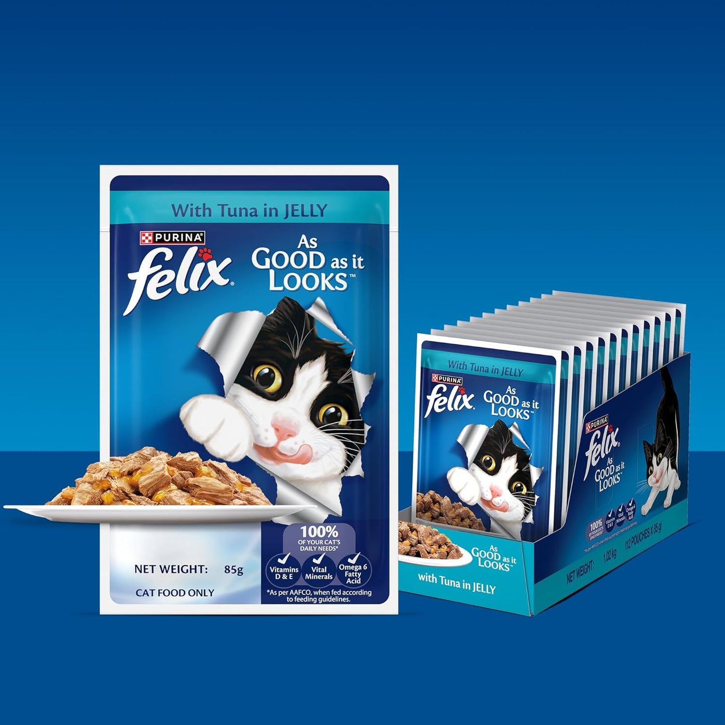 Felix with Tuna in Jelly | Wet Food for Adults | Complete and Balanced Cat Food, Pack of 12 Pouches (12 x 85 g)