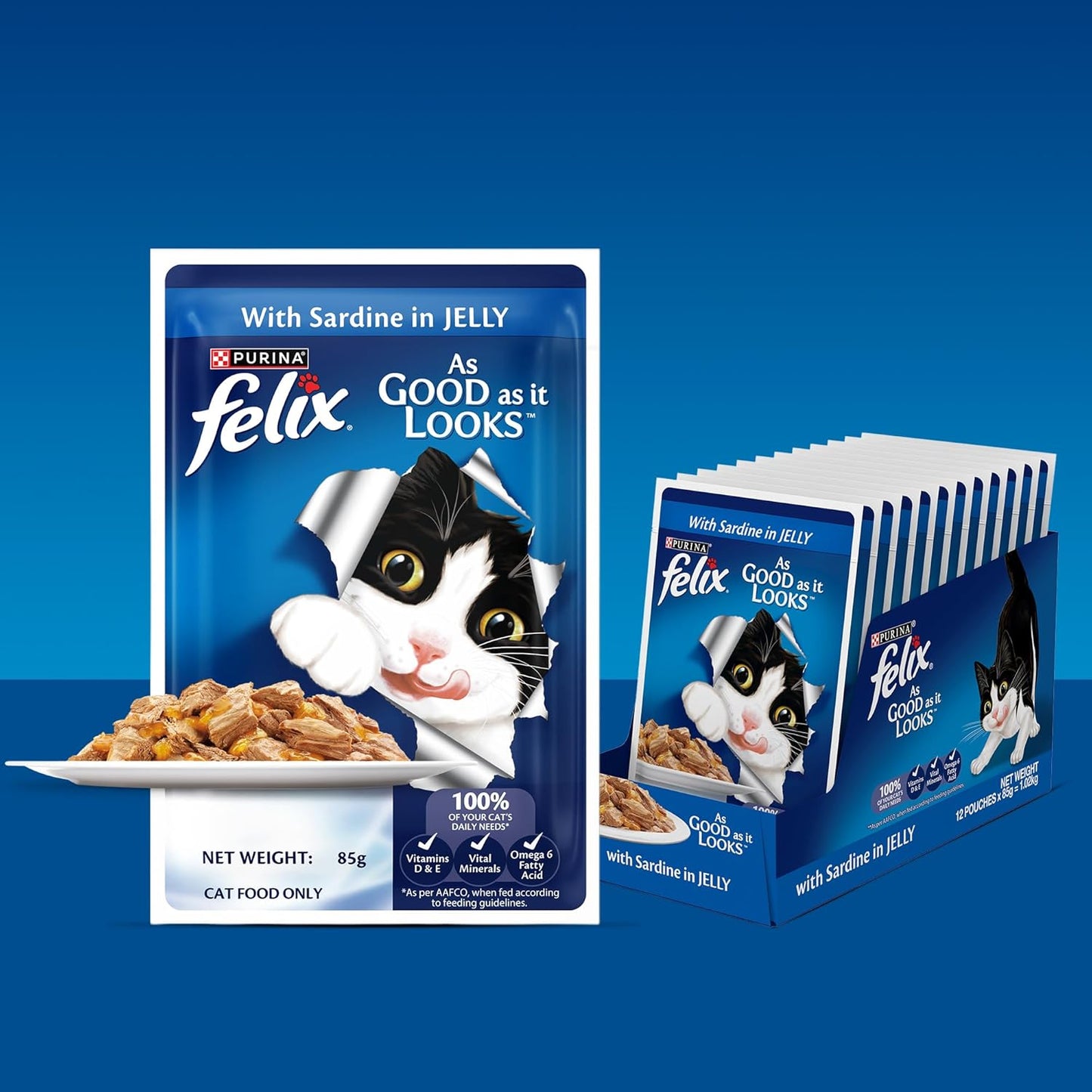 Felix with Sardine in Jelly | Wet Food for Adults | Complete and Balanced Cat Food, Pack of 12 Pouches (12 x 85 g)