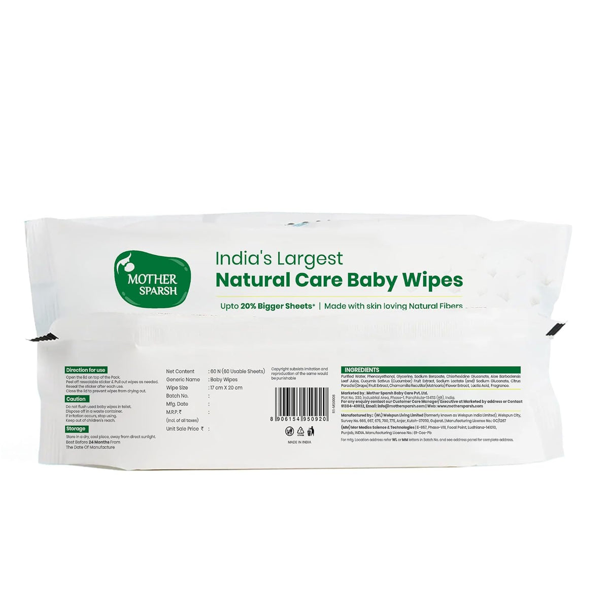Mother Sparsh Natural Care Water Baby Wipes with Lid | 100% Plant Made Fabric From Forest Land | Fresh+Cleanse (with Cucumber) Plant Powered Wet Wipes For...