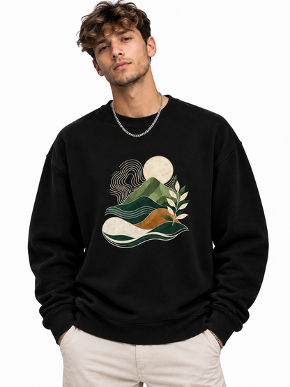 Men’s Navy Blue Nature Landscape Graphic Printed Sweatshirt – Crew Neck Casual Winter Wear