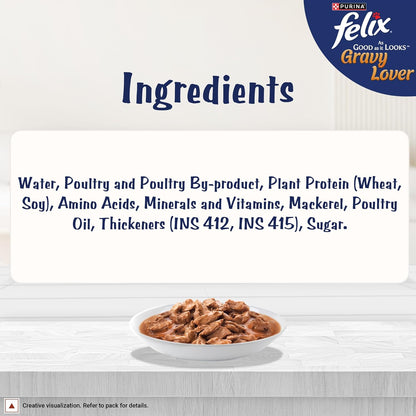Felix Gravy Lover, Tasty & Real Meaty Mackerel Chunks, Wet Cat Food, Balanced Nutrition, 24 Months, Pack of 12 Pouches (12x70g)