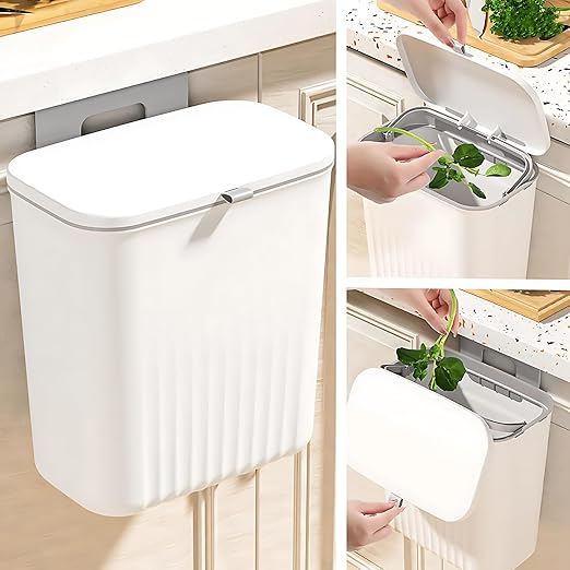 Plastic Kitchen Dustbin - Modern Lightweight Hanging Garbage Bin for Home, Office / 9 Liters, White/Open Top with Handle/Ideal for Kitchen, Bathroom and Cabinet Door (White)