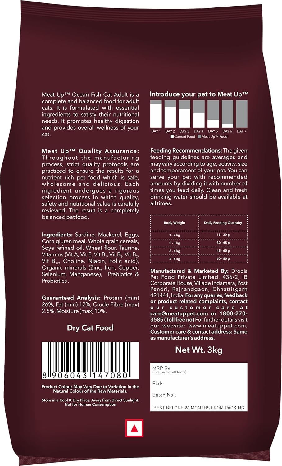 Adult Dry Cat Food 1.2Kg + 1.2kg, Total 2.4Kg | Ocean Fish Flavour| Maintains Urinary pH | Hair ball protection | Healthy skin & Coat | Taurine for healthy heart