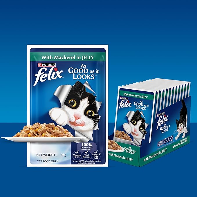 Felix with Mackerel in Jelly | Wet Food for Adults | Complete and Balanced Cat Food, Pack of 12 Pouches (12 x 85 g)