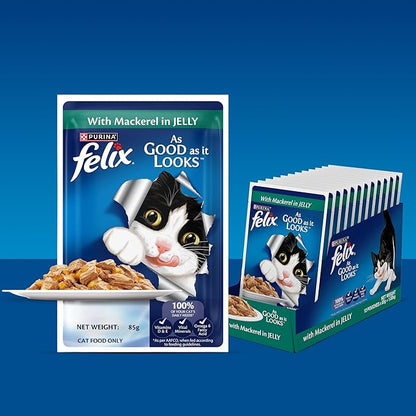 Felix with Mackerel in Jelly | Wet Food for Adults | Complete and Balanced Cat Food, Pack of 12 Pouches (12 x 85 g)
