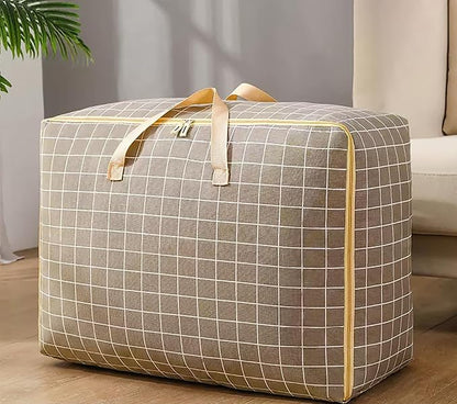 Fabric Extra Large Oversized Handy Storage Bag Laundry Bags Quilt Beddings Blanket 105 Litre - Khaki Check, 50 Cm,30Cm,White
