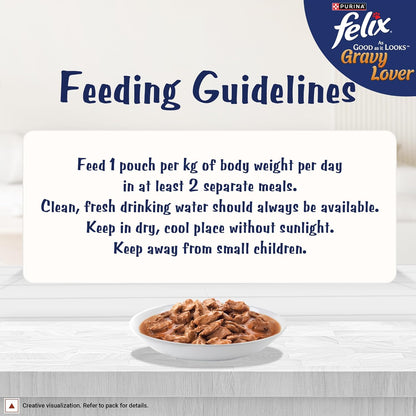 Felix Gravy Lover, Tasty & Real Meaty Tuna Chunks, Wet Cat Food, Balanced Nutrition, 24 Months, Pack of 12 Pouches (12x70g)