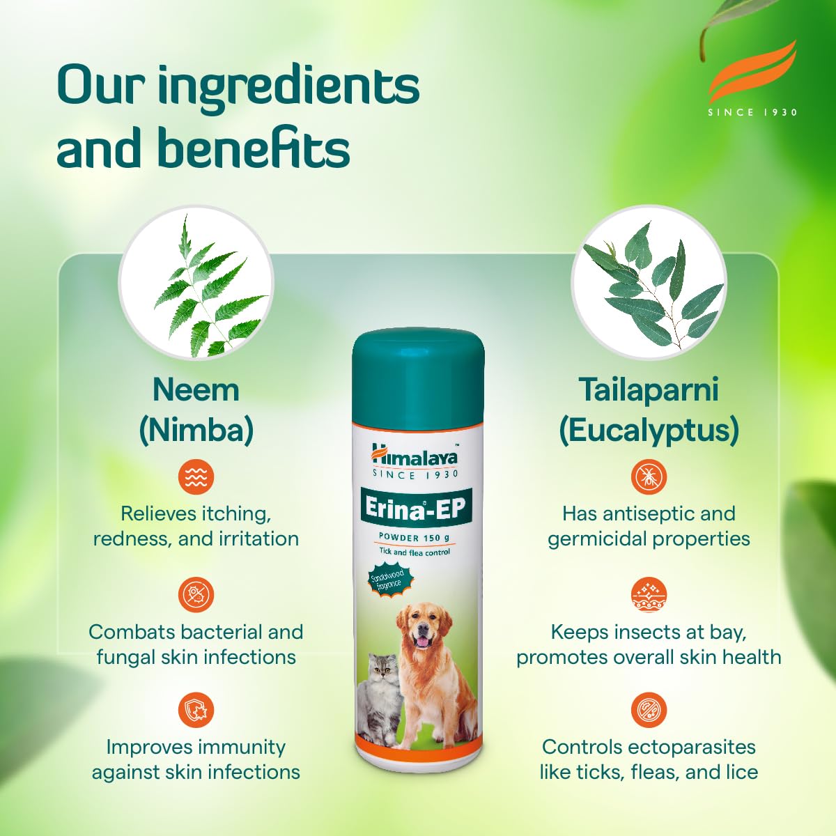 Erina-EP Powder | 150 g | Tick & Flea Control for Dogs & Cats | With Neem & Eucalyptus for Skin Health & Hygiene