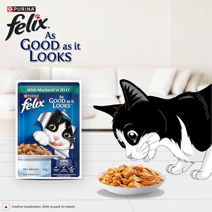 Felix with Mackerel in Jelly | Wet Food for Adults | Complete and Balanced Cat Food, Pack of 12 Pouches (12 x 85 g)