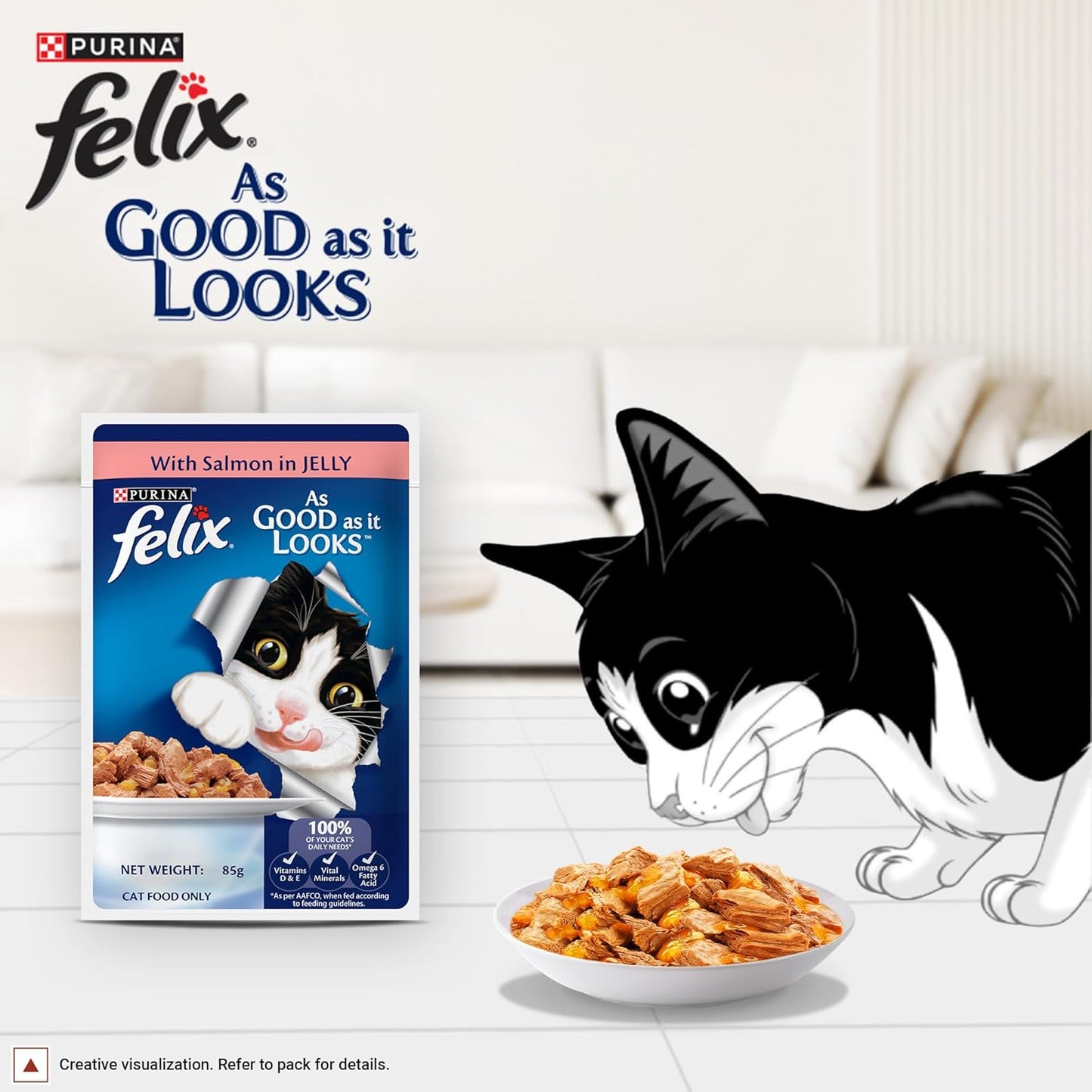 Felix with Salmon in Jelly | Wet Food for Adults | Complete and Balanced Cat Food, Pack of 12 Pouches (12 x 85 g)