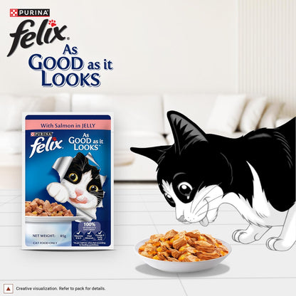 Felix with Salmon in Jelly | Wet Food for Adults | Complete and Balanced Cat Food, Pack of 12 Pouches (12 x 85 g)