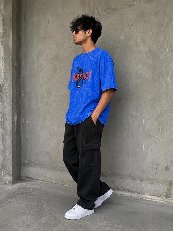 Men's Blue Acid Wash Vintage Oversized T-Shirt | Snake & Instinct Graphic Heavyweight Cotton Streetwear Tee