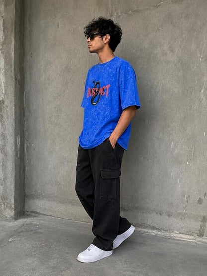 Men's Blue Acid Wash Vintage Oversized T-Shirt | Snake & Instinct Graphic Heavyweight Cotton Streetwear Tee