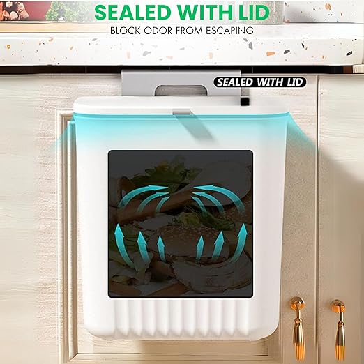 Plastic Kitchen Dustbin - Modern Lightweight Hanging Garbage Bin for Home, Office / 9 Liters, White/Open Top with Handle/Ideal for Kitchen, Bathroom and Cabinet Door (White)