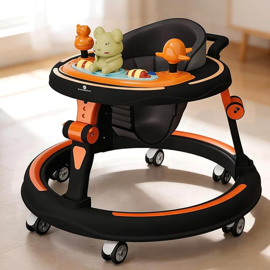 Baby Walkers for 9+, 6-18 Month Baby boy & Girl 360A° Walker for Kids for 6-24 Months with 7 Level Height Adjustment, Baby Walker with Switchable Food & Musical Toy Tray -Orange Black