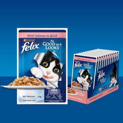 Felix with Salmon in Jelly | Wet Food for Adults | Complete and Balanced Cat Food, Pack of 12 Pouches (12 x 85 g)