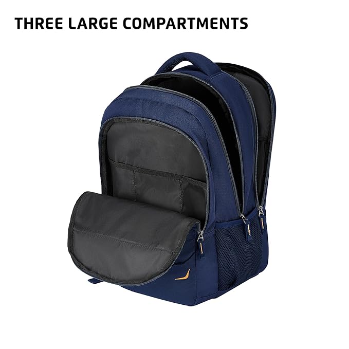 Safari Omega Pro Laptop Backpack With Raincover, 3 Compartments, Bottle Holder, Organizer, Unisex Bag For Boys & Girls, School/College/Office/Travel Bag, Color- Blue, 35L