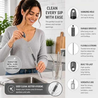 3-Piece Long Handle Bottle Cleaning Brush Set – 15" Bottle Cleaner Brushes for Water Bottles, Tumblers, Straws, Coffee Mugs, Sports Bottles, Thermos & Flask Cleaning