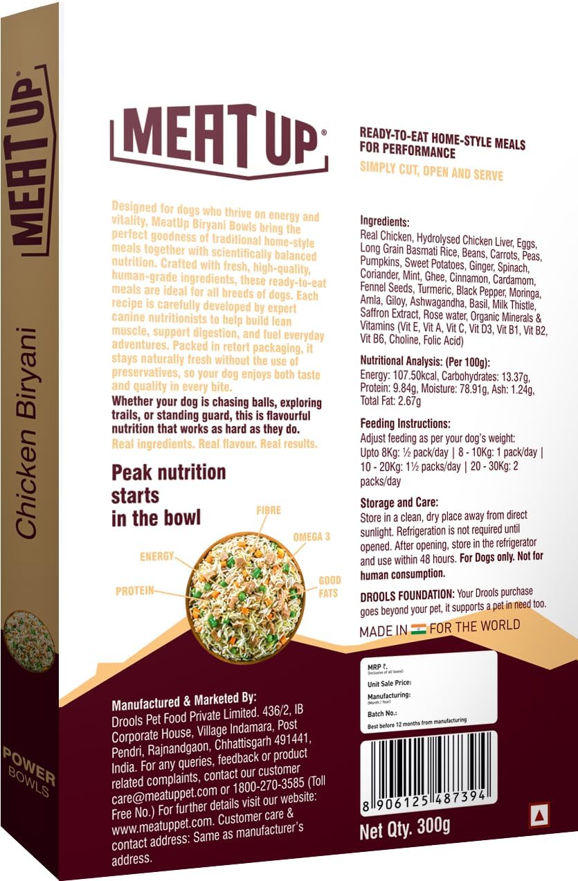 Fresh Dog Food Chicken Biryani 300g | High Protein, 65% Real Chicken, 35% Rice & Veggies | No Preservatives | Ready to Serve | All Breeds | Single-Serve Meal