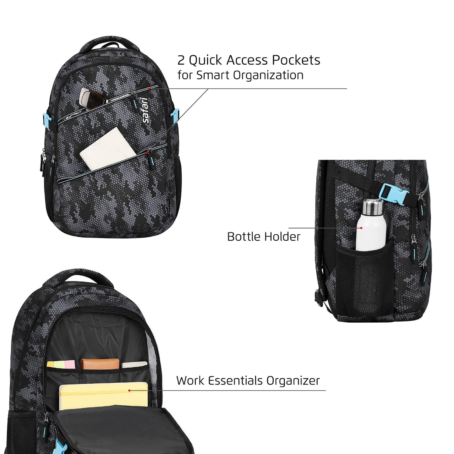 Safari Omega Plus Casual Laptop Backpack, 2 compartments, Raincover, Organizer, Full body print, Bottle holder, Front pockets Softline (Black)