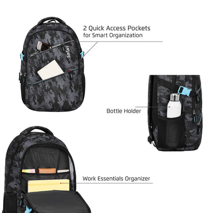 Safari Omega Plus Casual Laptop Backpack, 2 compartments, Raincover, Organizer, Full body print, Bottle holder, Front pockets Softline (Black)