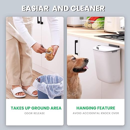 Plastic Kitchen Dustbin - Modern Lightweight Hanging Garbage Bin for Home, Office / 9 Liters, White/Open Top with Handle/Ideal for Kitchen, Bathroom and Cabinet Door (White)