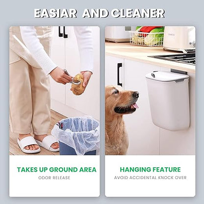 Plastic Kitchen Dustbin - Modern Lightweight Hanging Garbage Bin for Home, Office / 9 Liters, White/Open Top with Handle/Ideal for Kitchen, Bathroom and Cabinet Door (White)