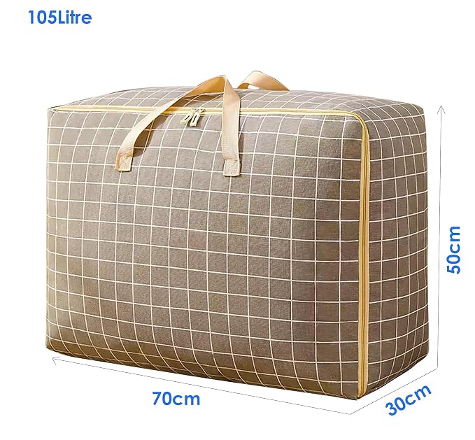 Fabric Extra Large Oversized Handy Storage Bag Laundry Bags Quilt Beddings Blanket 105 Litre - Khaki Check, 50 Cm,30Cm,White
