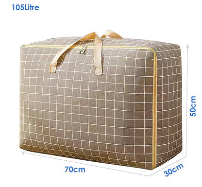 Fabric Extra Large Oversized Handy Storage Bag Laundry Bags Quilt Beddings Blanket 105 Litre - Khaki Check, 50 Cm,30Cm,White