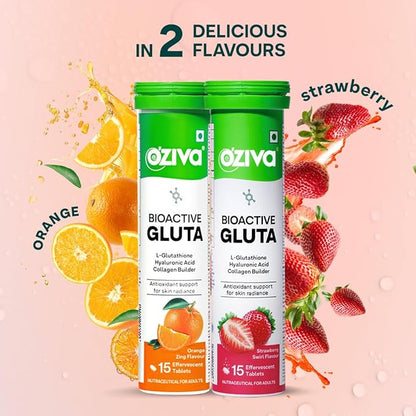 OZiva Bioactive Glutathione Tablets for Radiant Skin - 30 Effervescent Tablets (Pack of 2) | L-Glutathione, Lycopene, Vitamin C for Skin Glow & Anti-Pigmentation | Strawberry Swirl.