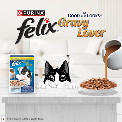 Felix Gravy Lover, Tasty & Real Meaty Chicken Chunks, Wet Cat Food, Balanced Nutrition, 24 Months, Pack of 12 Pouches (12x70g)
