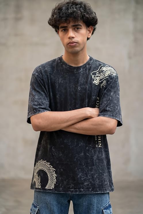 Men's Acid Wash Vintage Oversized T-Shirt | Japanese Dragon Graphic Heavyweight Cotton Streetwear Tee