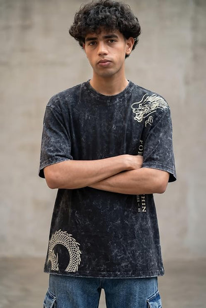 Men's Acid Wash Vintage Oversized T-Shirt | Japanese Dragon Graphic Heavyweight Cotton Streetwear Tee